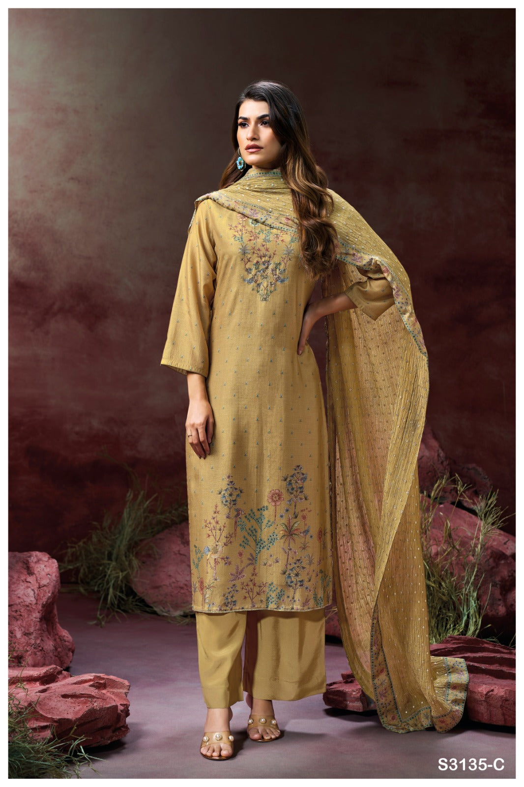 GANGA FASHIONS BERKLEY S3135 | PREMIUM PURE BEMBERG SILK JACQUARD PRINTED -ASHOK LAL & SONS