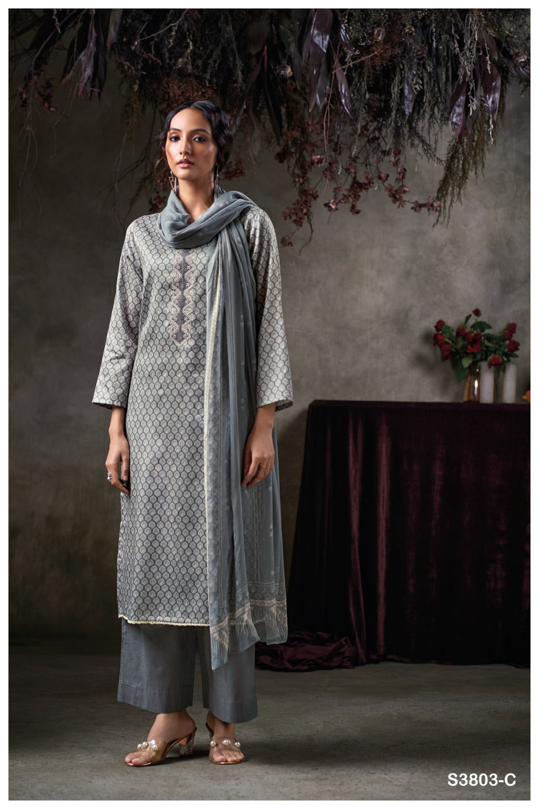 GANGA QAZZIN S3803 | PREMIUM COTTON SATIN PRINTED WITH EMBROIDERY - ASHOK LAL & SONS