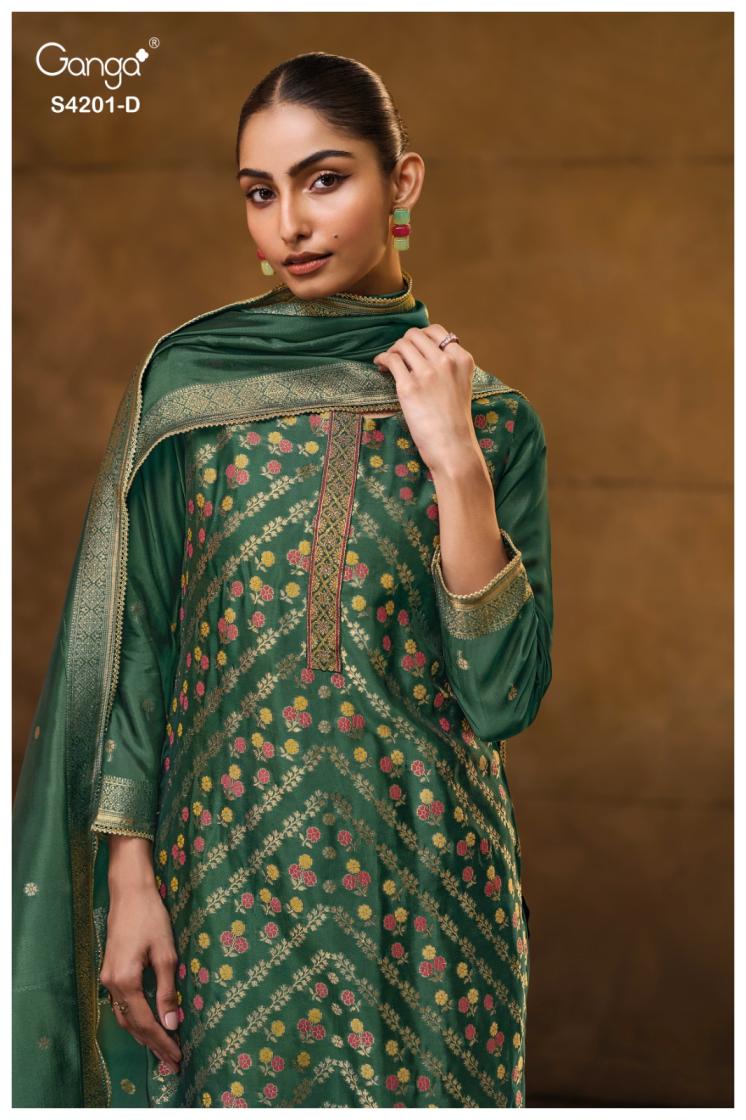 Woman wearing a green traditional outfit with floral patterns against a brown background