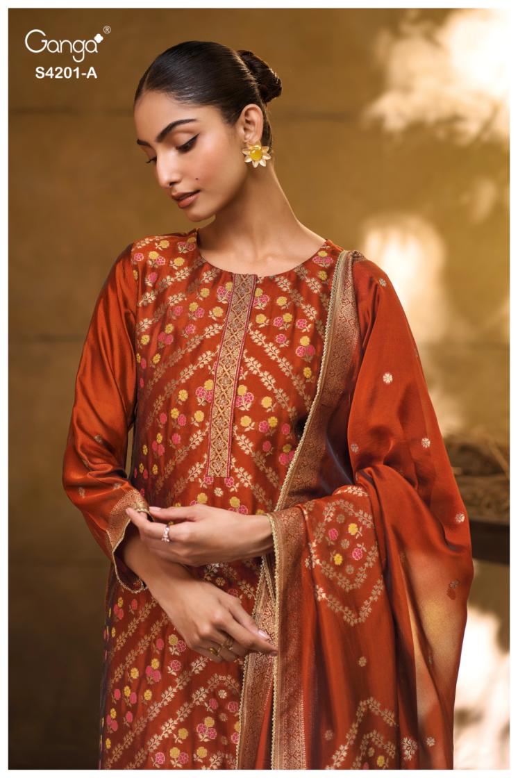 Woman wearing a traditional red and gold outfit with floral patterns against a warm-toned background.
