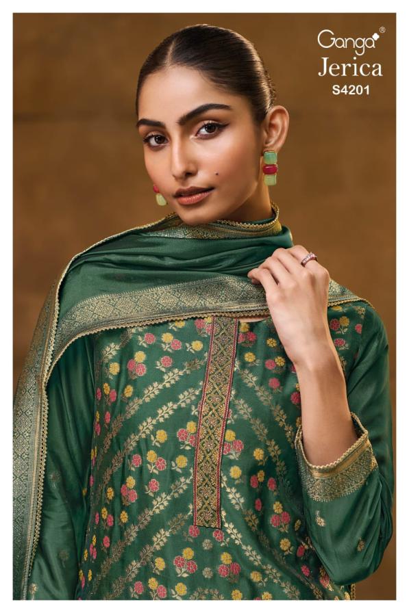 Woman wearing a green embroidered traditional outfit with a brown background