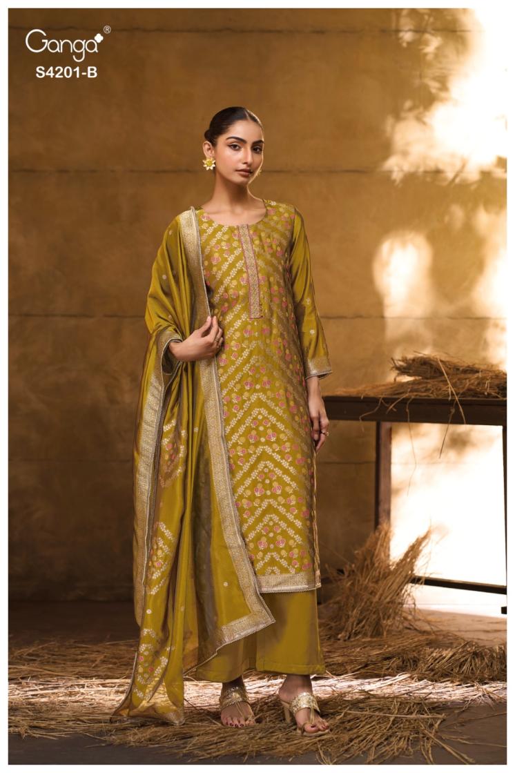 Woman in a traditional yellow and green outfit with embroidery, standing against a warm-toned background.