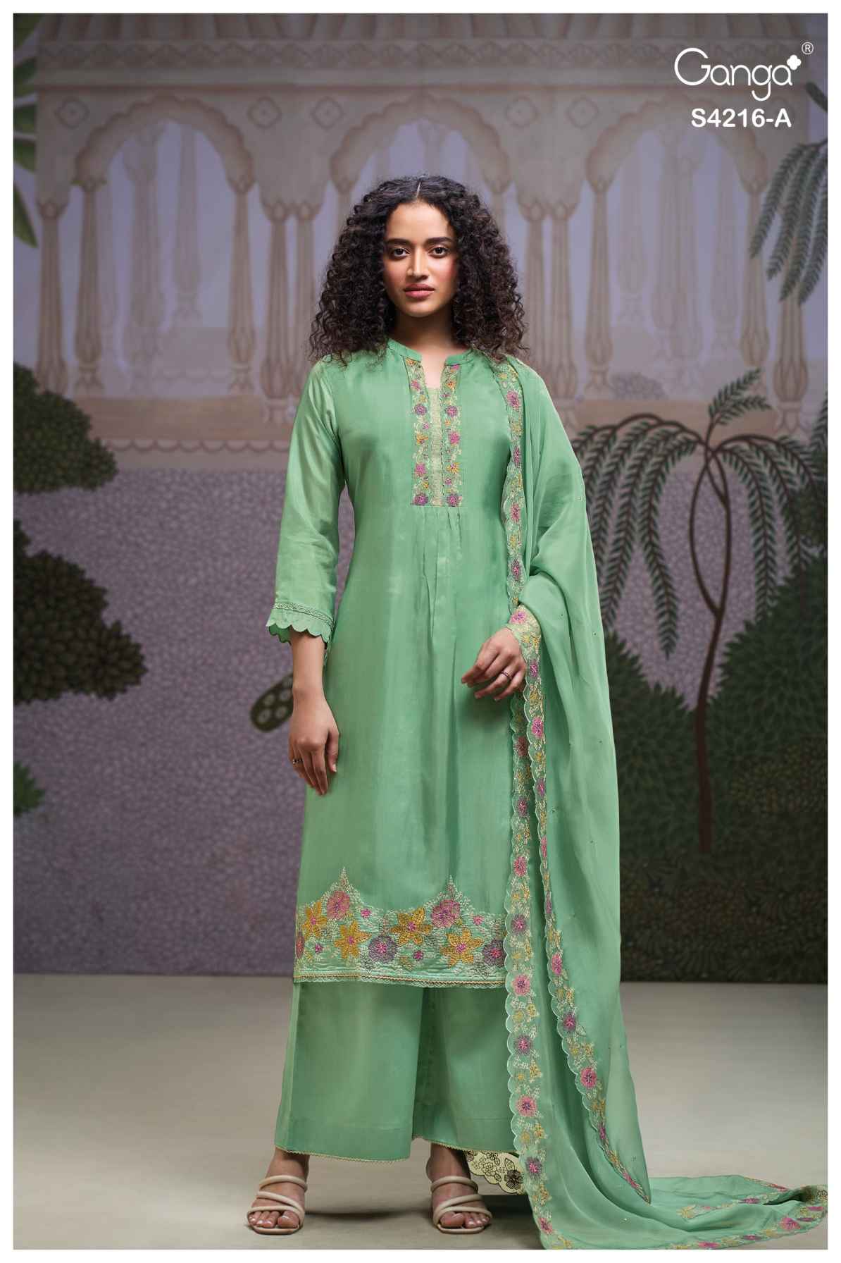 BUY GANGA SUITS ONLINE SALE GANGA BISHA S4216 FABRIC DETAIL