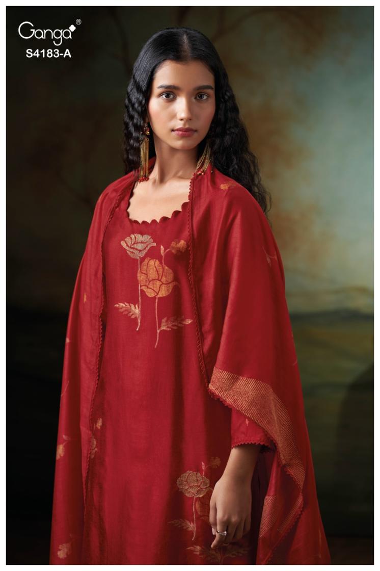 Woman wearing a red embroidered traditional outfit with a blurred background