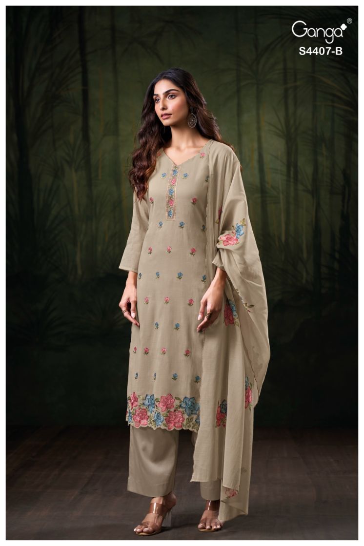 BUY GANGA SUITS ONLINE SALE GANGA GLEAH S4407 FABRIC DETAIL