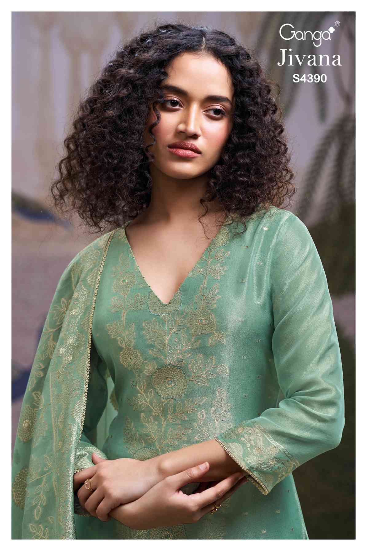 BUY GANGA SUITS ONLINE SALE GANGA JIVANA S4390 FABRIC DETAIL