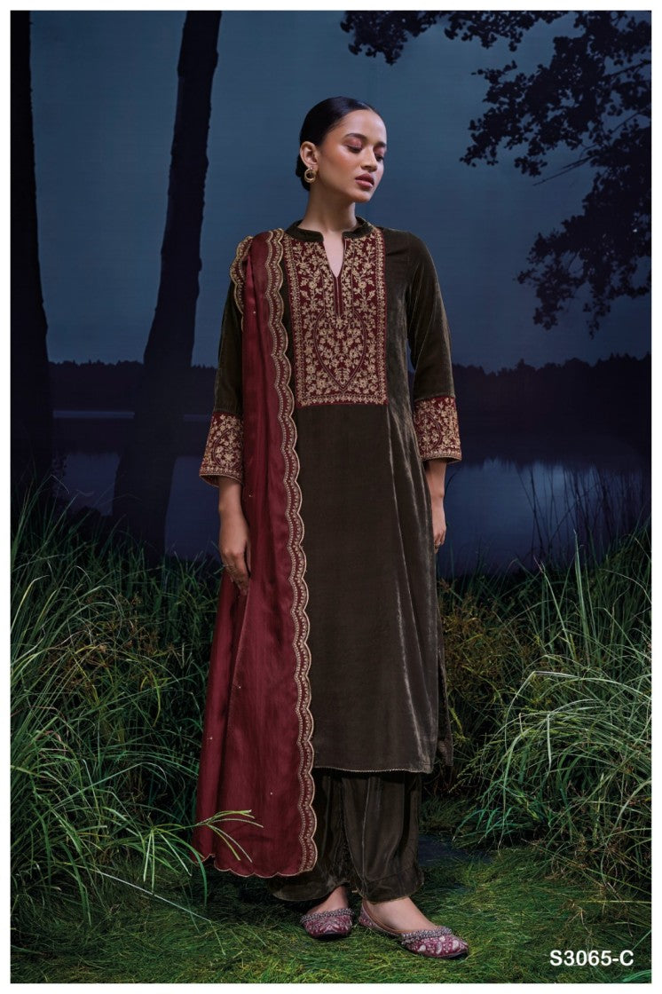 Woman in traditional outfit with maroon dupatta standing in a natural setting