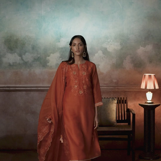 VIDEO SHOWING PREMIUM GANGA SUIT IN PURE BEMBERG SILK WITH HAND EMBROIDERY AND ORGANZA DUPATTA, AVAILABLE IN ALL COLOURS.